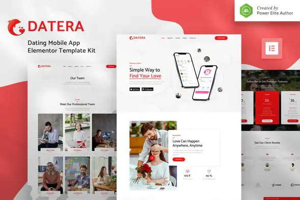 Datera – Online Dating Mobile App Landing Elementor Template Kit | WP TOOL MART