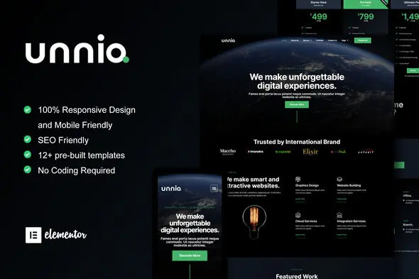 Unniq - Dark Digital Creative Agency Elementor Template Kit | WP TOOL MART